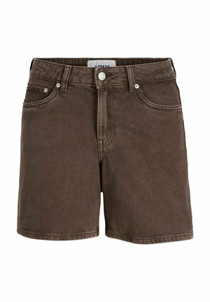 Brązowe szorty jeansowe z przednim guzikiem, szlufkami na pasek i wzorem z pięcioma kieszeniami na białym tle.