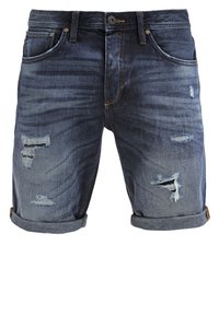 Dark blue denim shorts with rolled cuffs, front pockets, and distressed patches on both legs.