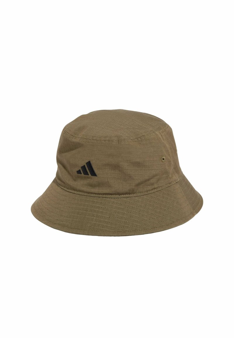 Khaki bucket hat in lightweight fabric, featuring a round crown, wide brim, and black Adidas logo on the side. Textured with subtle stitching.