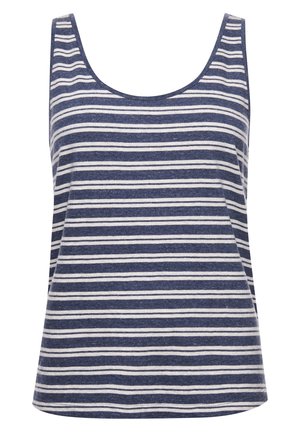 Bezrękawnik w granatowo-białe poziome paski z szerokim dekoltem i luźnym fasonem.