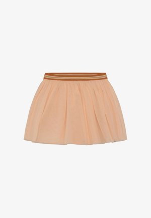 Pfirsichfarbener Tüllrock mit gerafftem Stoff und elastischem Bund mit braunen und beigen horizontalen Streifen.