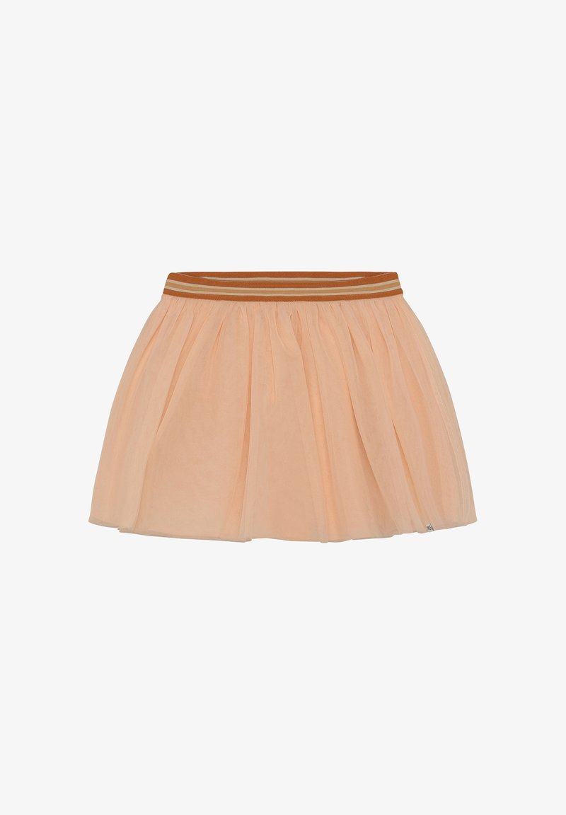 Jupe en tulle couleur pêche avec tissu froncé et taille élastique ornée de rayures horizontales marron et beige.