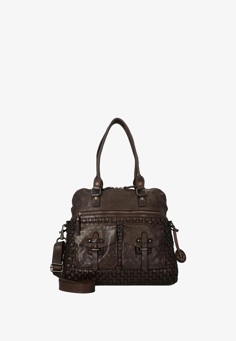 Sac à main en cuir marron avec texture tissée, double poignée supérieure, bandoulière réglable, deux poches avant et une compartment principal zippé.