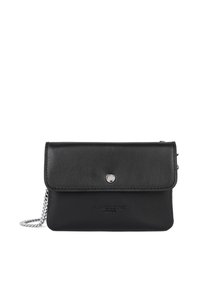 Borsa in pelle nera con pattina a ribaltamento, chiusura a scatto, accessori in metallo argentato e tracolla a catena. Include dettagli in rilievo "Lancaster Paris".