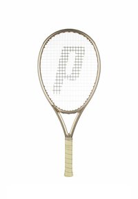 Tennisschläger mit ovalem Kopf, metallic-goldener Rahmen, hellfarbigem Textur-Griff und einem Rautenmuster mit einem auffälligen Logo-Design in den Saiten.