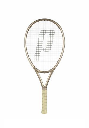Tennis racket with an oval head, metallic gold frame, light-colored textured grip, and a grid pattern with a prominent logo design in the strings.