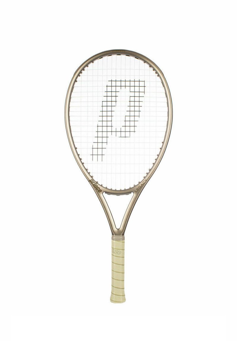 Tennisschläger mit ovalem Kopf, metallic-goldener Rahmen, hellfarbigem Textur-Griff und einem Rautenmuster mit einem auffälligen Logo-Design in den Saiten.