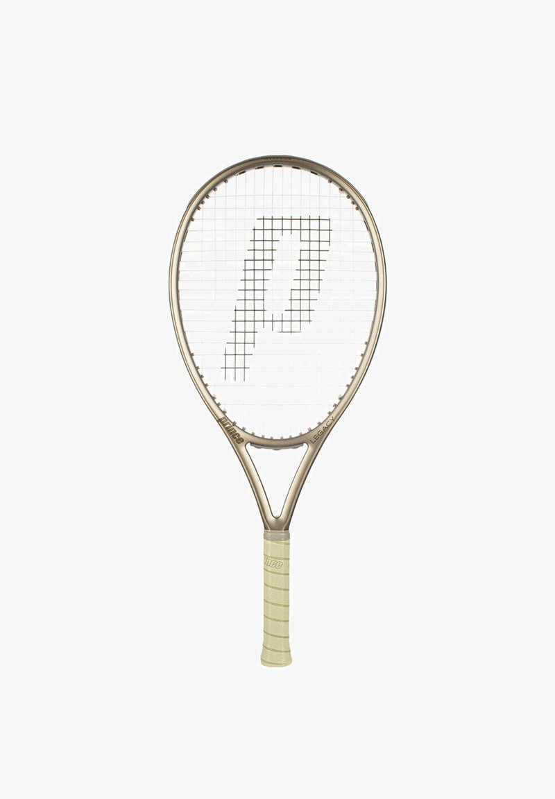 Tennisschläger mit ovalem Kopf, metallic-goldener Rahmen, hellfarbigem Textur-Griff und einem Rautenmuster mit einem auffälligen Logo-Design in den Saiten.