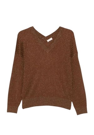 Maglione marrone in maglia a coste con scollo a V, maniche lunghe e dettagli in filo metallico, mostrato su sfondo bianco.