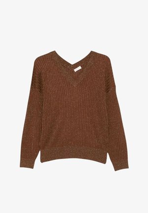 Maglione marrone in maglia a coste con scollo a V, maniche lunghe e dettagli in filo metallico, mostrato su sfondo bianco.