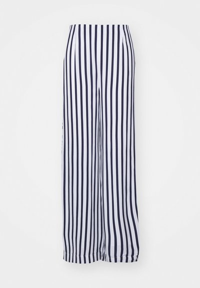 Wide-leg trousers in white and navy vertical stripes. Made of lightweight fabric with a smooth texture and an elastic waistband.