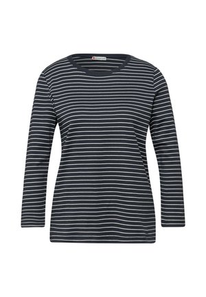 Tmavě modrá košile s dlouhými rukávy s bílými horizontálními pruhy, kulatým výstřihem a měkkou bavlněnou látkou. Jednoduchý design bez dalších ozdob.