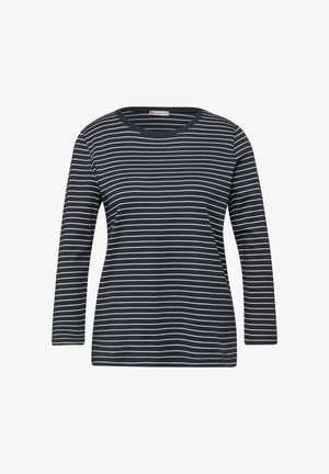 Marinblå långärmad tröja med vita horisontella ränder, rund halsringning och mjukt bomullstyg. Enkel design utan ytterligare detaljer.