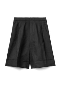 Černé lněné šortky s volným střihem, s plochým pasem, předními sklady a čistým lemem. Texturovaná tkanina s hladkým povrchem.