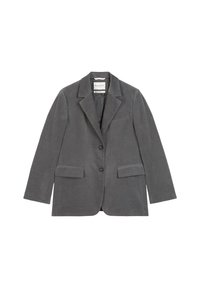 Gray blazer with a notched lapel, single-button closure, two front pockets, and a smooth texture. Made from a lightweight fabric.