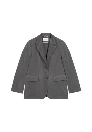 Blazer gris avec un col à revers cranté, fermeture à un bouton, deux poches devant, et une texture lisse. Fabriqué en tissu léger.