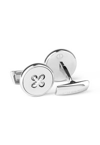 Silver-tone cufflinks featuring a round button design with a textured, cross pattern. Includes a flat toggle back for secure fastening.