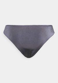 Parte de baixo de bikini cinza escuro com um tecido liso e brilhante, de corte clássico e detalhes de costura discretos. Ideal para trajes de banho e vestuário de praia.