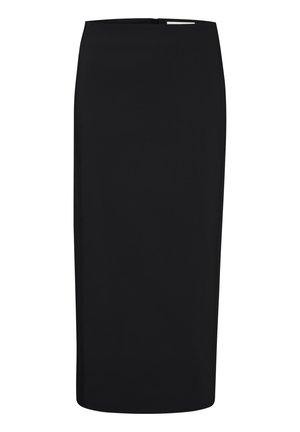 Fekete ceruzaszoknya sima, rugalmas anyagból készült. Feszes fazonja és hátsó cipzárja van a záródáshoz.