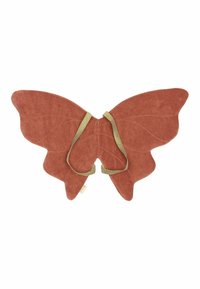 Red butterfly-shaped cushion made of soft fabric, featuring stitched detailing and green straps for fastening. Smooth texture throughout.