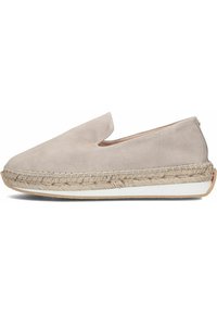 Instap espadrilles gemaakt van lichtbeige suede, met een gevlochten jute rand, een witte rubberen zool en een zachte, gestructureerde afwerking.