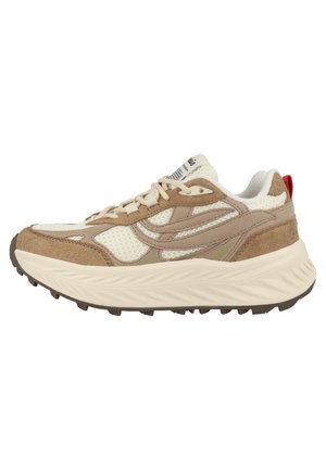 Beige and brown mesh and suede sneaker with thick cream sole, lace-up front, and red pull tab on heel, shown in side view.