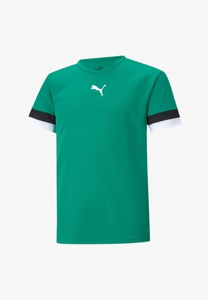 T-shirt verde a girocollo con maniche corte, caratterizzata da dettagli a righe bianco e nero sulle maniche e un logo bianco sulla parte anteriore.