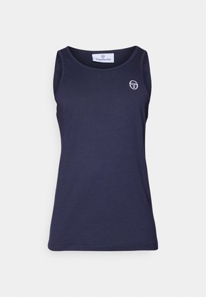 Navy blue sleeveless tank top made from soft fabric, featuring a round neckline and a small white logo on the left chest.