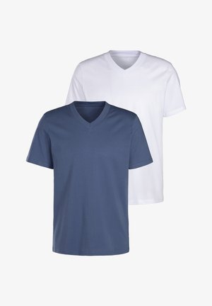 V-Ausschnitt-T-Shirt-Set in Marineblau und Weiß, mit kurzen Ärmeln, aus Baumwollmaterial, glatter Textur, gleichmäßiger Nahtführung und klassischer Passform.