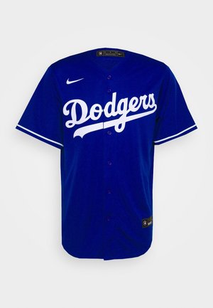 Blaues Baseball-Trikot der Los Angeles Dodgers mit weißem Schriftlogo, durchgehender Knopfleiste vorne und Nike-Swoosh auf der rechten Brust.