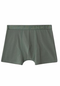 Männer Boxer-Shorts in einer gedämpften grünen Farbe, mit einem einfarbigen Design, elastischem Bund mit geprägt angebrachtem Markennamen und weicher, glatter Textur.