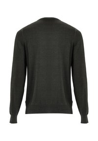 Dunkelgrüner, gestrickter Pullover, Rundhalsausschnitt, lange Ärmel, Rippbündchen und Saum. Glatte Textur mit einem dezenten Glanz. Keine sichtbaren Muster oder Verzierungen.