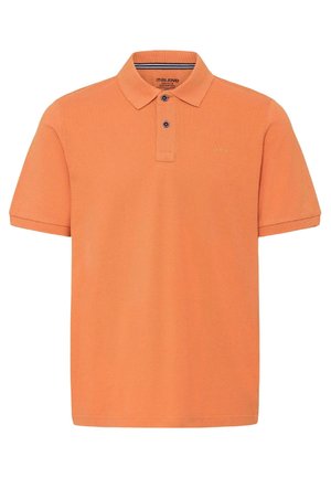 Tricou polo pentru bărbați cu mâneci scurte, de culoare portocalie, cu doi nasturi închiși și guler, având broderie subtilă tonală a logo-ului pe piept.