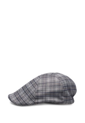 Gray plaid flat cap with curved peak, featuring a classic check pattern in black, white, and dark red tones on a white background.