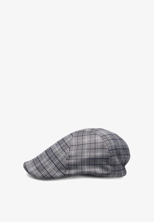 Gray plaid flat cap with curved peak, featuring a classic check pattern in black, white, and dark red tones on a white background.