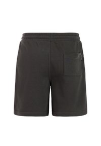 Zwarte casual korte broek met elastische tailleband en een vierkante achterzak aan de rechterkant met een klein stoffen label.