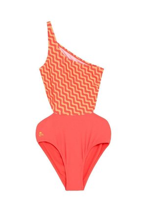 Bañador de un solo hombro con parte superior de patrón ondulado naranja y parte inferior coral sólida, con un pequeño detalle de calavera en la cadera.