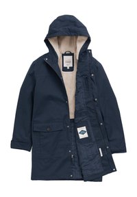 Námornícka parka bunda s kapucňou, so soft fleece podšívkou, prednými vreckami a zipsom. Obsahuje značkové štítky vo vnútri.