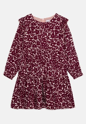 Bordeauxblommig klänning med långa ärmar, volangdetaljer vid axlarna, stäppad design och rund halsringning med bakknäppning.