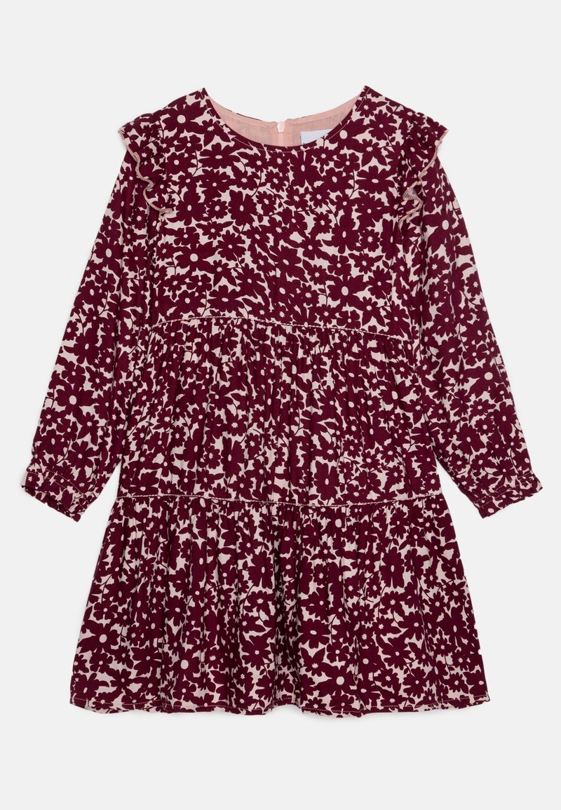 Bordové květinové šaty s dlouhými rukávy, ruflované detaily na ramenou, vrstvený design a kulatý výstřih s uzavřením na zádech.