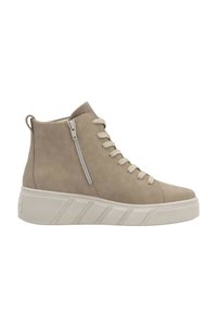 Beige high-top sneakers with a textured suede upper, lace-up closure, side zipper, and a chunky white rubber sole.