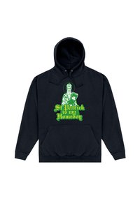 Zwarte hoodie met een pullover ontwerp, featuring een groene afbeelding van St. Patrick die een klaver vasthoudt en tekst die leest "St. Patrick is mijn maatje."