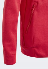 Felpa rossa con una trama liscia, dotata di una tasca con zip sul lato e maniche a polsino per una vestibilità sicura.