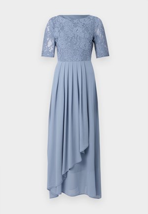 Light blue dress featuring a lace bodice and short sleeves, with a flowing pleated skirt that drapes asymmetrically.