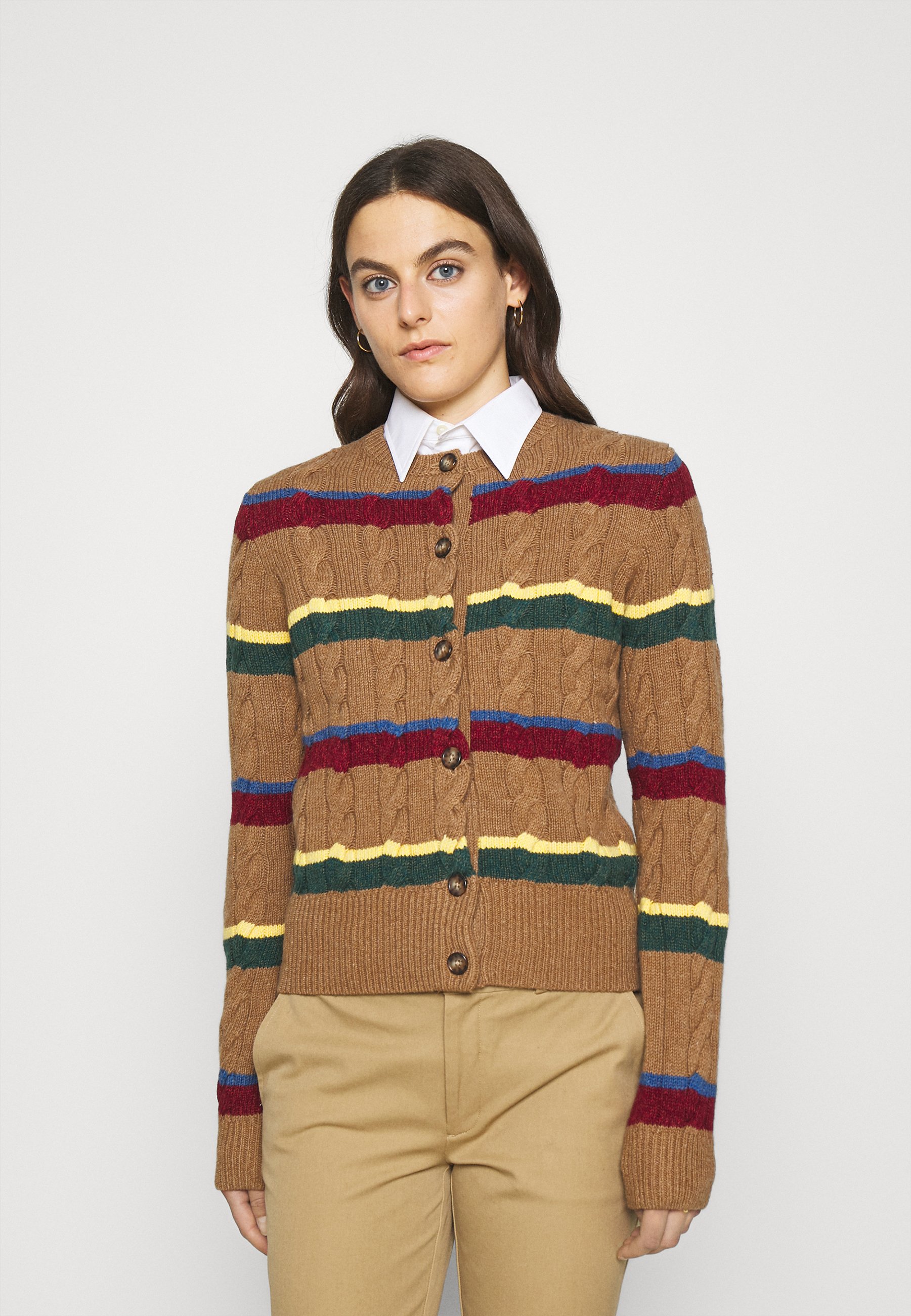 Polo Ralph Lauren Multi Stripe Cotton Blend Cardigan Woman Cardigan Camel Size XS Cotton, Lambswool, Wool