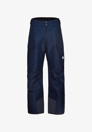 Marine vandtætte snebukser med lige ben, to frontlommer, forstærkede knælapper og et logo på venstre lår.