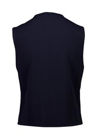 Bezrekawowa bluzka w ciemnym granatowym kolorze z wysokim dekoltem, gładką teksturą i dopasowanym krojem; z tyłu gładka, bez widocznych szwów.