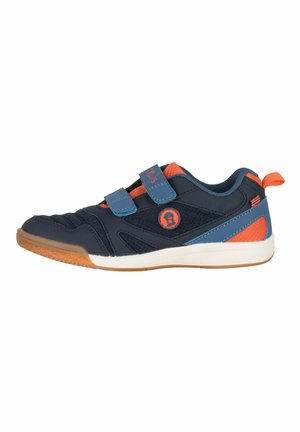 Children's navy blue and orange athletic shoe with double Velcro straps and a small Norwegian flag on the heel.