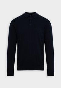 Mörkblå långärmad pikétröja med ribbade muddar och nederkant, med en treknäppning och klassisk krage.