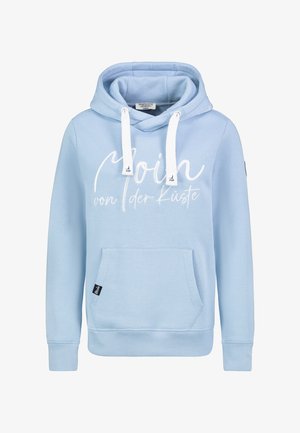 Lichtblauwe hoodie van een katoenmix, met een frontzak, witte trekkoorden en bedrukt met de tekst "Moin von der Küste" aan de voorkant.